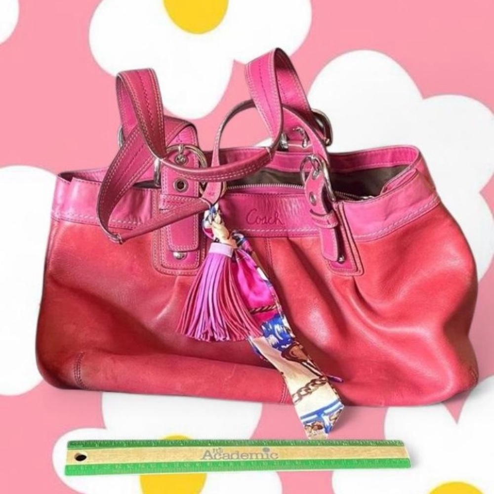 Coach Pink Leather Shoulder Bag with Tassel and Scarf Charm